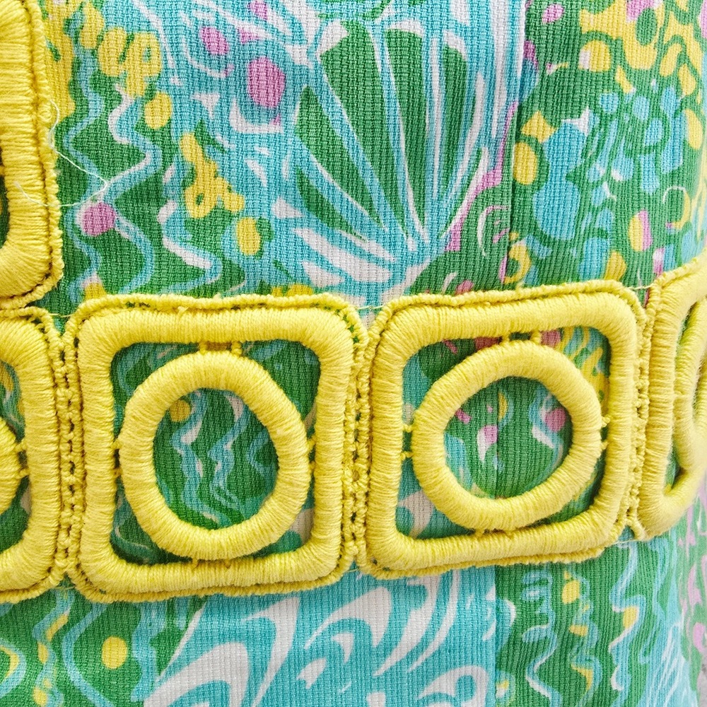 Lilly Pulitzer Green Yellow Tropical Geometric Trim Cotton Shift Dress Size 4 - Picture 5 of 9